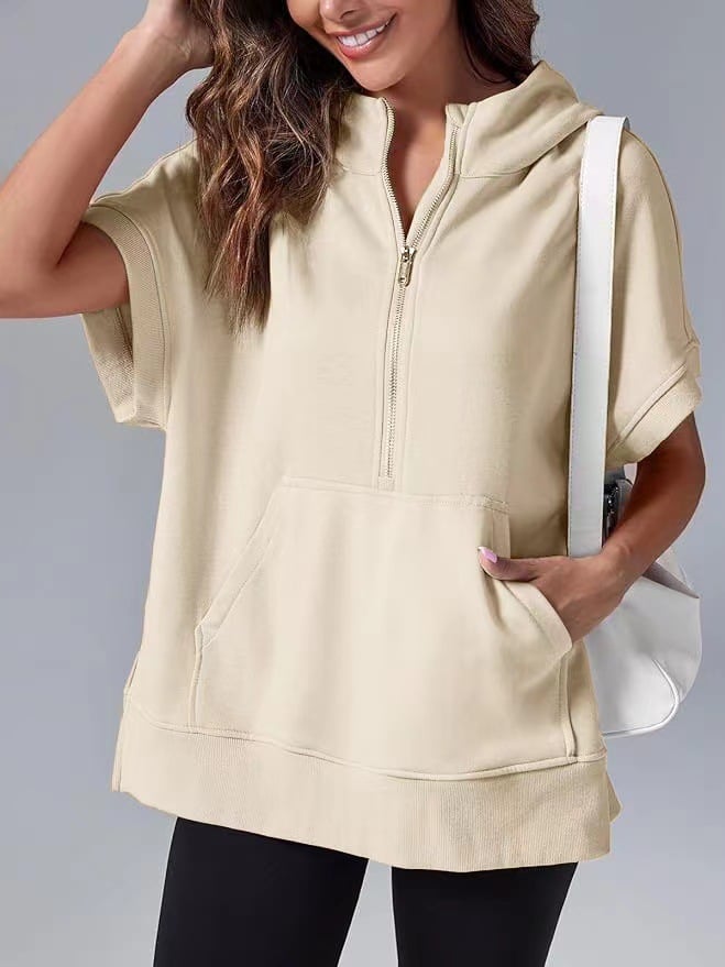 Oversized Casual Half Zip Short Sleeve Pullover Tops with Pockets(Buy 2 Free Shipping)