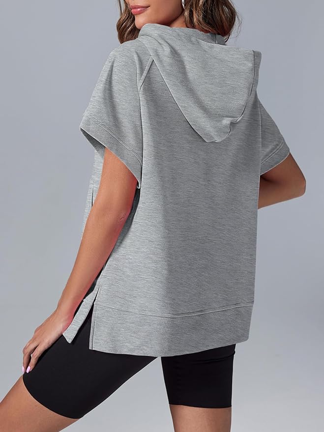 Oversized Casual Half Zip Short Sleeve Pullover Tops with Pockets(Buy 2 Free Shipping)