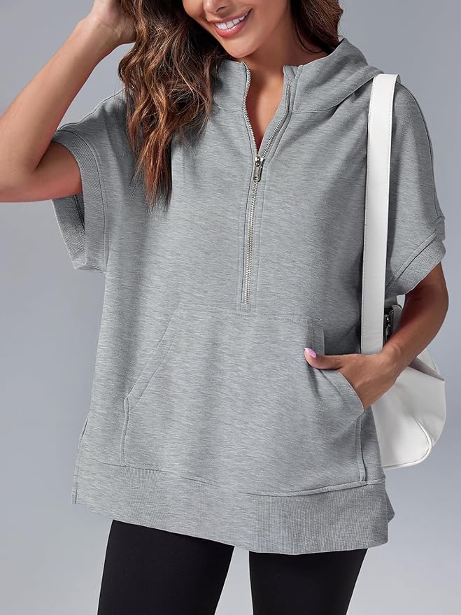 Oversized Casual Half Zip Short Sleeve Pullover Tops with Pockets(Buy 2 Free Shipping)