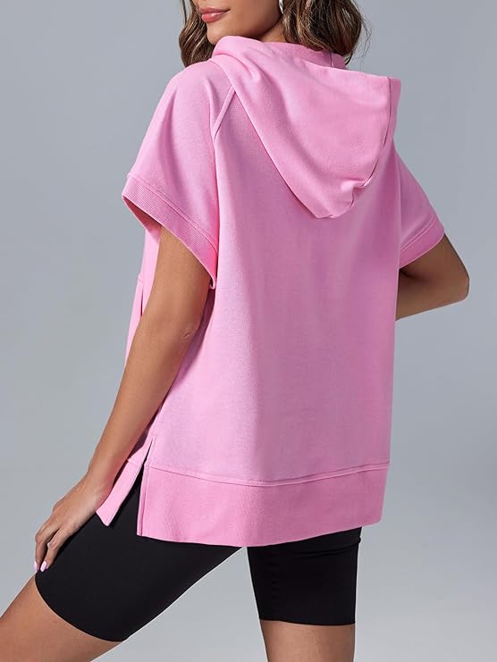 Oversized Casual Half Zip Short Sleeve Pullover Tops with Pockets(Buy 2 Free Shipping)