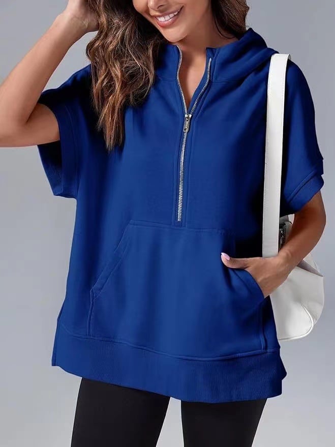 Oversized Casual Half Zip Short Sleeve Pullover Tops with Pockets(Buy 2 Free Shipping)