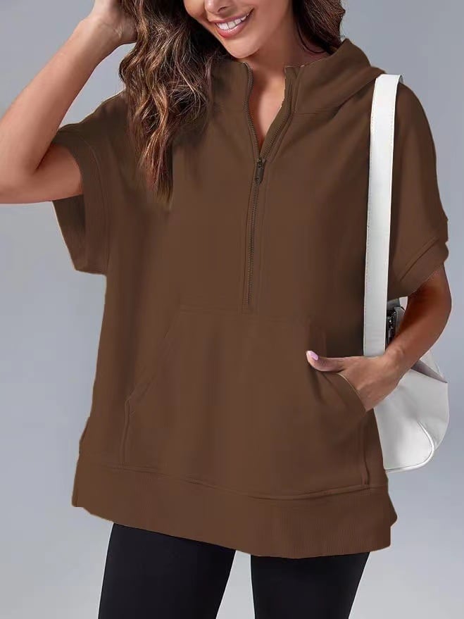 Oversized Casual Half Zip Short Sleeve Pullover Tops with Pockets(Buy 2 Free Shipping)