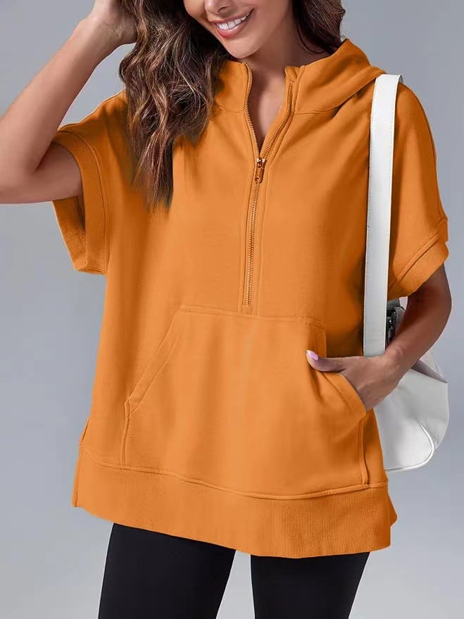 Oversized Casual Half Zip Short Sleeve Pullover Tops with Pockets(Buy 2 Free Shipping)